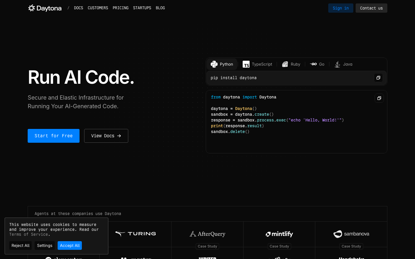 Secure code sandboxes landing page screenshot