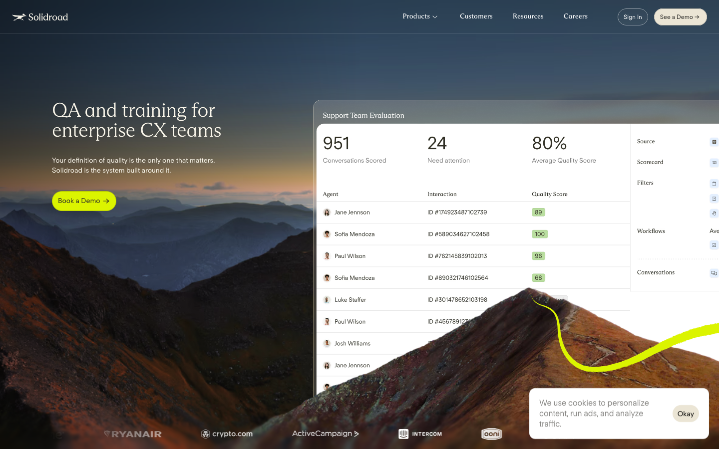 AI support QA landing page screenshot